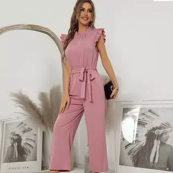 Весна-лето, широкие брюки, однотонные комбинезоны, женские повседневные комбинезоны с круглым вырезом, короткими летящими рукавами, свободная повязка на талии, однотонный цвет, S-XL XL чёрный