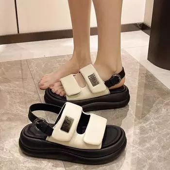 Весна-лето, спортивные сандалии на толстой подошве, бежевые босоножки на каблуке, кроссовки на танкетке, дизайнерские новые, мягкие, пляжные туфли на мягкой подошве 35