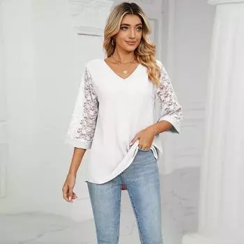 Весна-лето Свободная рубашка с V-образным вырезом и расклешенными рукавами из кружева в стиле пэчворк для женщин Базовая рубашка для женщин Футболки женские S белый
