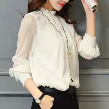 Весна-лето Свободные кружевные шифоновые рубашки Женские сетчатые рюшами с длинным рукавом Женские блузки и топы больших размеров Элегантные однотонные повседневные женские рубашки 24585 S белый
