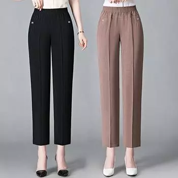 Весна-лето, свободные прямые брюки для женщин среднего возраста и пожилых людей, тонкие женские уличные брюки для офисных леди, повседневные эластичные укороченные брюки с высокой талией XXXXXL чёрный