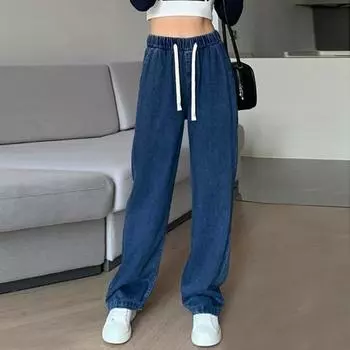Весна-лето, свободные женские джинсы, модные прямые брюки с широкими штанинами на шнуровке, повседневные длинные джинсовые брюки, женские элегантные брюки больших размеров 831 M синий