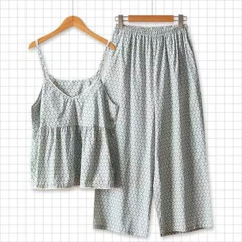 Весна / Лето Тканые хлопковые штаны на подтяжках Пижамы Свободного покроя Домашняя одежда Повседневная одежда Женские комплекты на тонких бретельках M