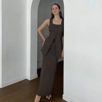 Весна-лето Тонкий однотонный хлопковый комплект из 2 предметов для женщин 2025 года, элегантный однобортный топ без рукавов с высокой талией, длинные юбки, комплект S коричневый