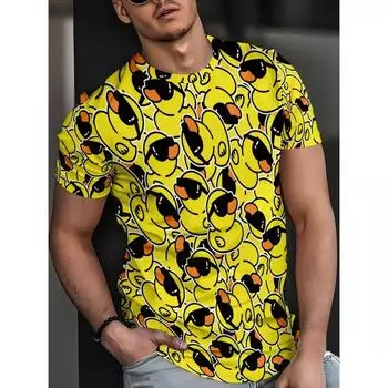 Весна Лето Топы Мужская Одежда Больших Размеров Утка Животное 3D Принт Футболка Желтые Узоры Футболки O-образный Вырез Короткий Рукав Дышащие Мужские Рубашки XS жёлтый