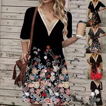 Весна-лето трикотажное платье с принтом и кружевным V-образным вырезом, свободные платья средней длины с короткими рукавами S
