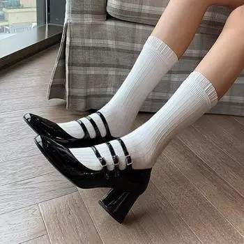 Весна Лето Туфли Мэри Джейн Модные Женские Туфли-лодочки Из Натуральной Кожи Каблуки Мягкие Туфли-лодочки Удобные Женские Туфли На Массивном Каблуке 34 чёрный