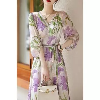 Весна/лето, юбка средней длины с рукавами-фонариками, широкое шелковое платье Songsang для женщин S