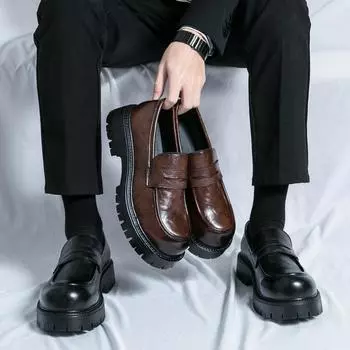 Весна-лето, универсальные мужские туфли на толстой подошве с круглым носком, коричневые кожаные повседневные свадебные модные туфли для вечеринок и вечеринок 38 чёрный