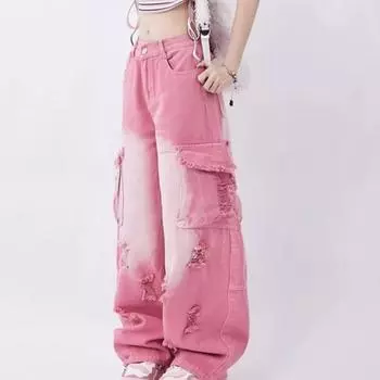 Весна/лето Узкие широкие брюки с высокой талией Симпатичные розовые прямые джинсы Свободные брюки XS розовый