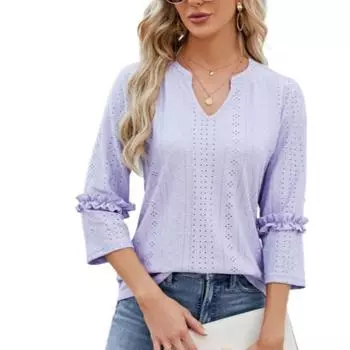 Весна-лето V-образный вырез кружева рукав семь четвертей свободный верх жаккардовые футболки женские S белый