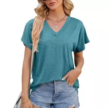 Весна-лето V-образный вырез однотонный свободный короткий рукав футболка топ для женщин футболки женские S белый