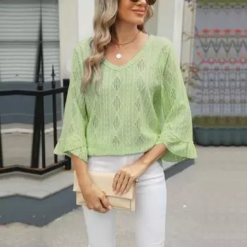 Весна-лето V-образный вырез ромбовидная сетка ажурный жаккард рукава труба свободные футболки женские S тёмно-синий