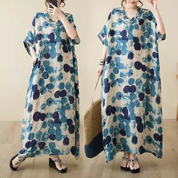 Весна-лето V-образный вырез Тонкий хлопок лен Оверсайз Свободные Художественный отпуск Стиль Пляж Ретро Повседневные платья M
