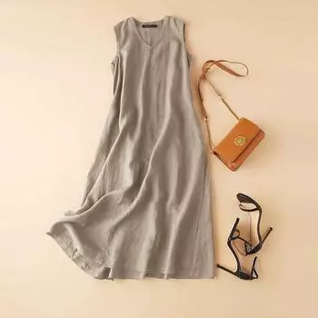 Весна-лето Винтажное хлопковое и льняное платье Платье без рукавов Женское однотонное платье с V-образным вырезом Повседневное свободное вечернее платье XS синий