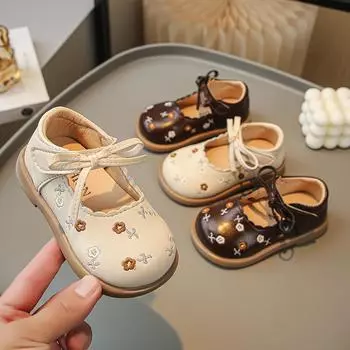 Весна-лето. Винтажные туфли Мэри Джейн с цветочным принтом и низким каблуком для девочек. Уютные туфли с вышитыми цветами для девочек. Туфли для принцессы. 25 коричневый