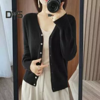 Весна Лето Вязаный Кардиган V-образный вырез Длинный рукав Ребристые манжеты Свитер Однотонный Однобортный Эластичный Трикотаж L серый