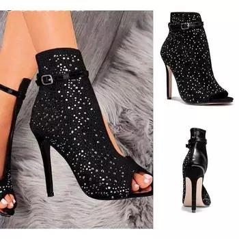 Весна-лето, вода, бриллианты, круглая голова, рыбий рот, пряжка, ремешок, сапоги, тонкий каблук, банкетное платье, большие размеры, женские сандалии 35 чёрный