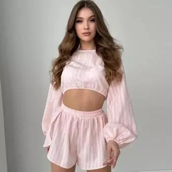 Весна Лето Женщины Чистый хлопок Пижама Комплект Длинный рукав Топ и шорты Пижамы 2 шт Домашняя одежда розовые пижамы Комплекты Одежда для дома S