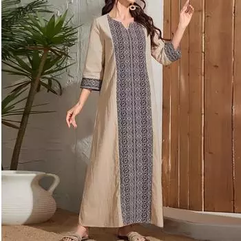 Весна Лето Женщины Кафтан Платья Средний Рукав Напечатанные Женские Мусульманские Платья S чёрный