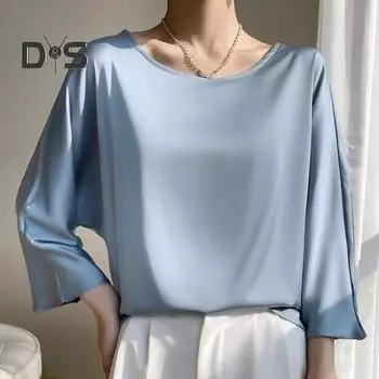 Весна-лето Женская блузка с круглым вырезом и расклешенными рукавами 3/4, однотонная свободная футболка из гладкого атласа, тонкая уличная одежда XL светло-синий
