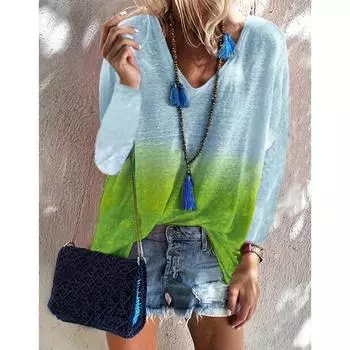 Весна Лето Женская Футболка с V-образным вырезом и длинным рукавом, повседневная свободная, трикотажные топы S