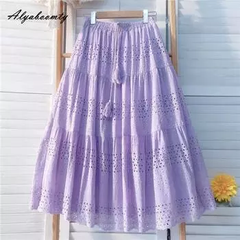 Весна-лето Женская милая юбка с высокой талией, фиолетово-зеленые юбки с кисточками, ажурные элегантные женские шикарные юбки One Size фиолетовый