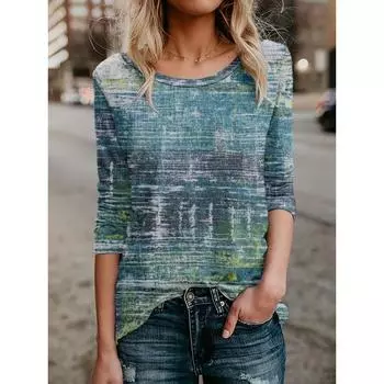 Весна Лето Женская Мода Печатный Повседневный Длинный Рукав Футболка Круглый Вырез Женский Пуловер Топы Базовые Футболки S