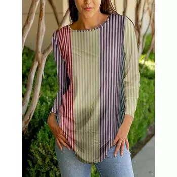 Весна Лето Женская мода Повседневная футболка с круглым вырезом в полоску с принтом в случайном цвете, длинный рукав, пуловер, топы S
