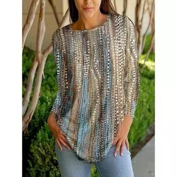 Весна Лето Женская мода Повседневная футболка с круглым вырезом Случайный принт Цвет Clash Длинный рукав Пуловер Топы S