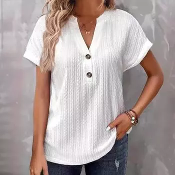 Весна Лето Женская мода Повседневные однотонные футболки с пуговицами и V-образным вырезом для женщин S белый