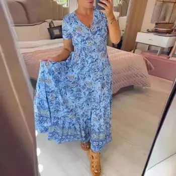 Весна-лето Женская мода принтованные повседневные длинные платья S зелёный