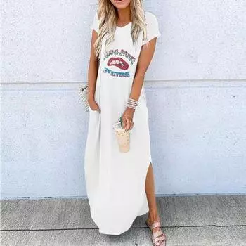 Весна-лето женская мода свободное длинное платье с принтом повседневные платья с круглым вырезом XXL белый
