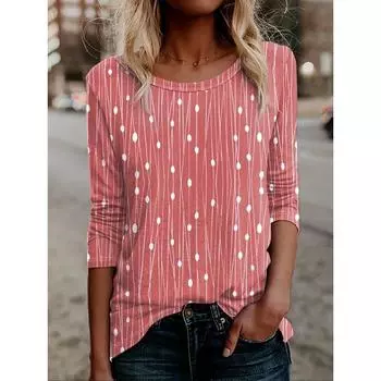 Весна Лето Женская мода в горошек с принтом Повседневная футболка с длинным рукавом Круглый вырез Женский пуловер Топы Базовые футболки S