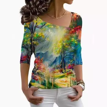 Весна-лето женская модная футболка с длинным рукавом и принтом в виде бабочки, женский топ с 3D-цифровым принтом и кривым воротником S