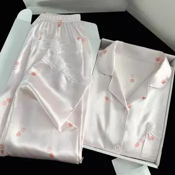 Весна-лето, женская новая пижама из ледяного шелка, комплект домашней одежды, подростковая милая пижама из ледяного шелка, весенняя кружевная одежда для дома с длинным рукавом M