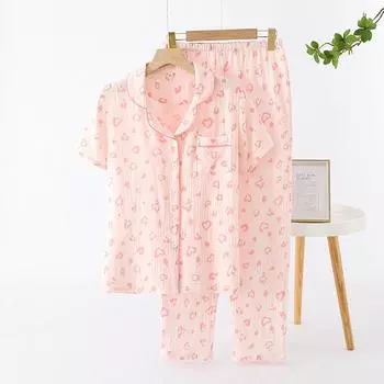 Весна/лето Женская новая пижама комплект 100% хлопок креп короткие рукава + брюки отложной воротник винтажный цветок простая домашняя одежда M