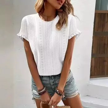 Весна-лето женская однотонная футболка с круглым вырезом и оборками, рукавами «летучая мышь» S белый