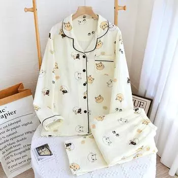 Весна/лето Женская пижама с длинным рукавом 2 предмета 100% хлопок креп пижама милый принт кота милая домашняя одежда одежда для сна M