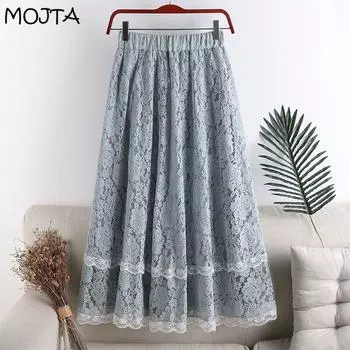 Весна-лето, женская плиссированная юбка трапециевидной формы из кружева средней длины с высокой талией и цветочным узором
