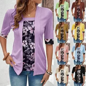 Весна-лето Женская поддельная двухсекционная футболка с пятью рукавами и принтом, женская повседневная свободная футболка S жёлтый