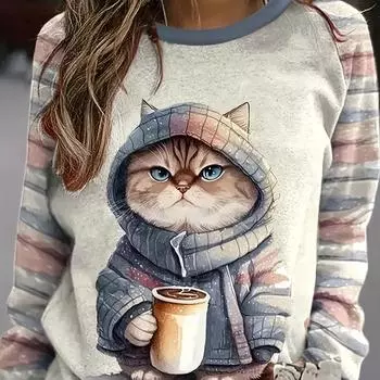 Весна-лето женская повседневная футболка с принтом 3D Cat Футболка с градиентом Свободная футболка с длинным рукавом и круглым вырезом Модные женские топы в стиле Харадзюку S