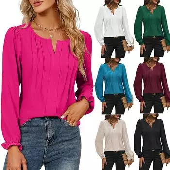 Весна-лето женская повседневная однотонная полосатая шифоновая рубашка с V-образным вырезом Футболки с длинными рукавами женские S чёрный
