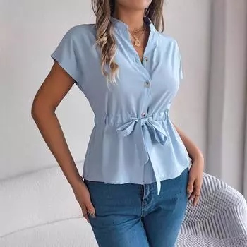 Весна-лето женская повседневная однотонная рубашка с коротким рукавом на пуговицах и шнурке S светло-синий