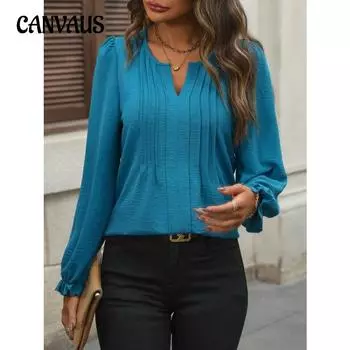 Весна-лето женская повседневная однотонная шифоновая блузка с V-образным вырезом и длинными рукавами S чёрный