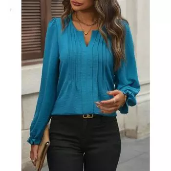 Весна-лето женская повседневная однотонная шифоновая блузка с V-образным вырезом и длинными рукавами S чёрный