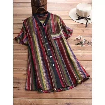 Весна-лето женская рубашка большого размера свободного покроя в стиле ретро с принтом в полоску для женщин M красный