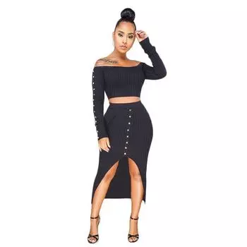 Весна-лето женская рубашка-футляр с длинными рукавами и пуговицами, простой комплект с юбкой, однотонный костюм с юбкой до колена с разрезом на шее S чёрный