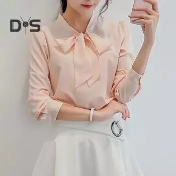 Весна-лето Женская рубашка с бантом и шнуровкой на воротнике, топы с длинным рукавом, однотонная повседневная шифоновая блузка, рабочая одежда M розовый