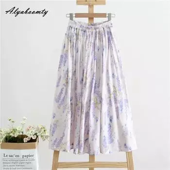 Весна-лето, женская светло-фиолетовая юбка с цветочным принтом, хлопково-льняная юбка с эластичной резинкой на талии, женская элегантная женская шикарная юбка-миди S